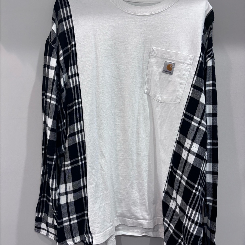 Carhartt Men's Long Sleeve Reworked Shirt-White Shirt with Black Plaid Sleeves